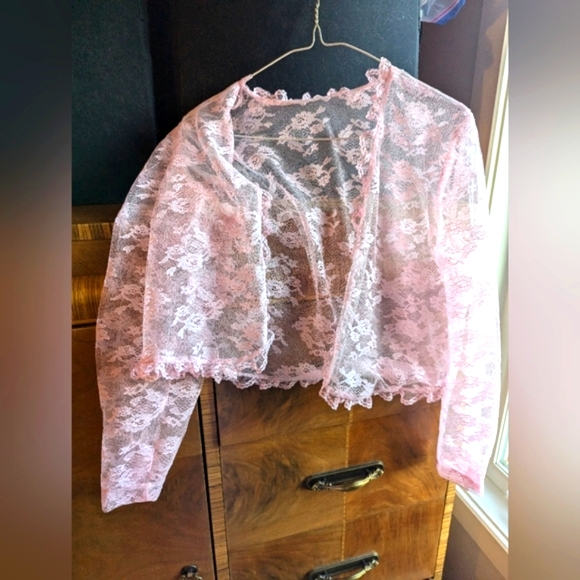 Pink Ruffled Tiered Gown with lace cardigan - Picture 7 of 8